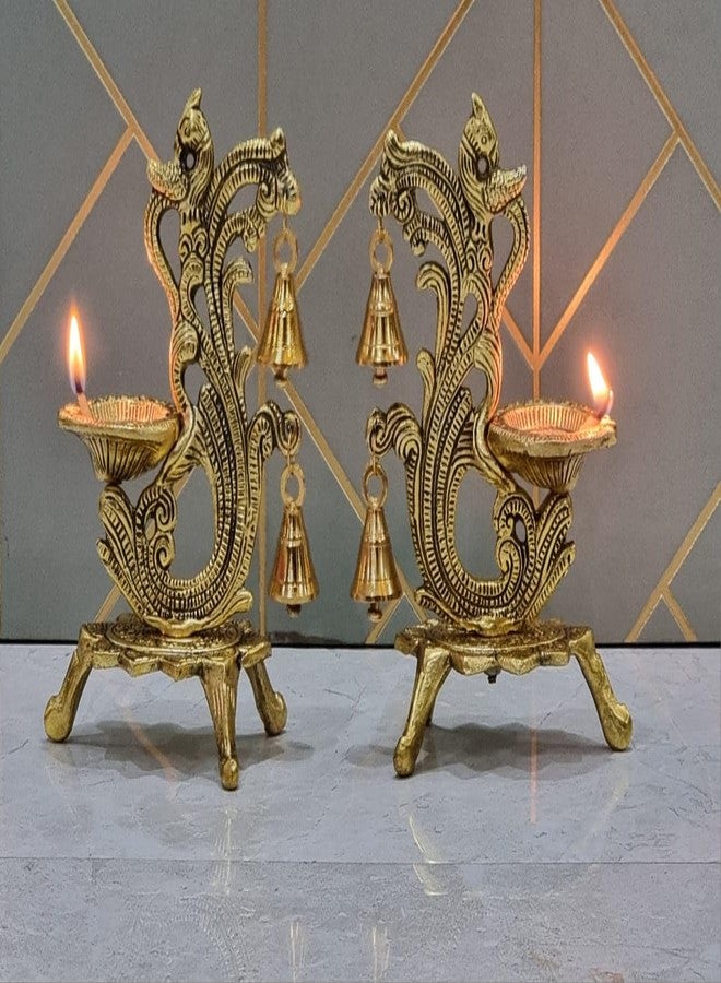 IMAGICART Metal Oxidised Peacock Diya for Puja Room/Home Temple Decor | Brass Antique Oil Lamp with Bell | Best Diwali, Wedding, Anniversary Return Gift | Gold (Set of 1) - Image 5